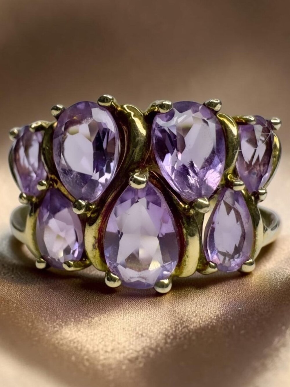 Vintage 10K Gold Natural Amethyst Ring Large 2cttw Pear Cut Size 7 Cluster 3.2g